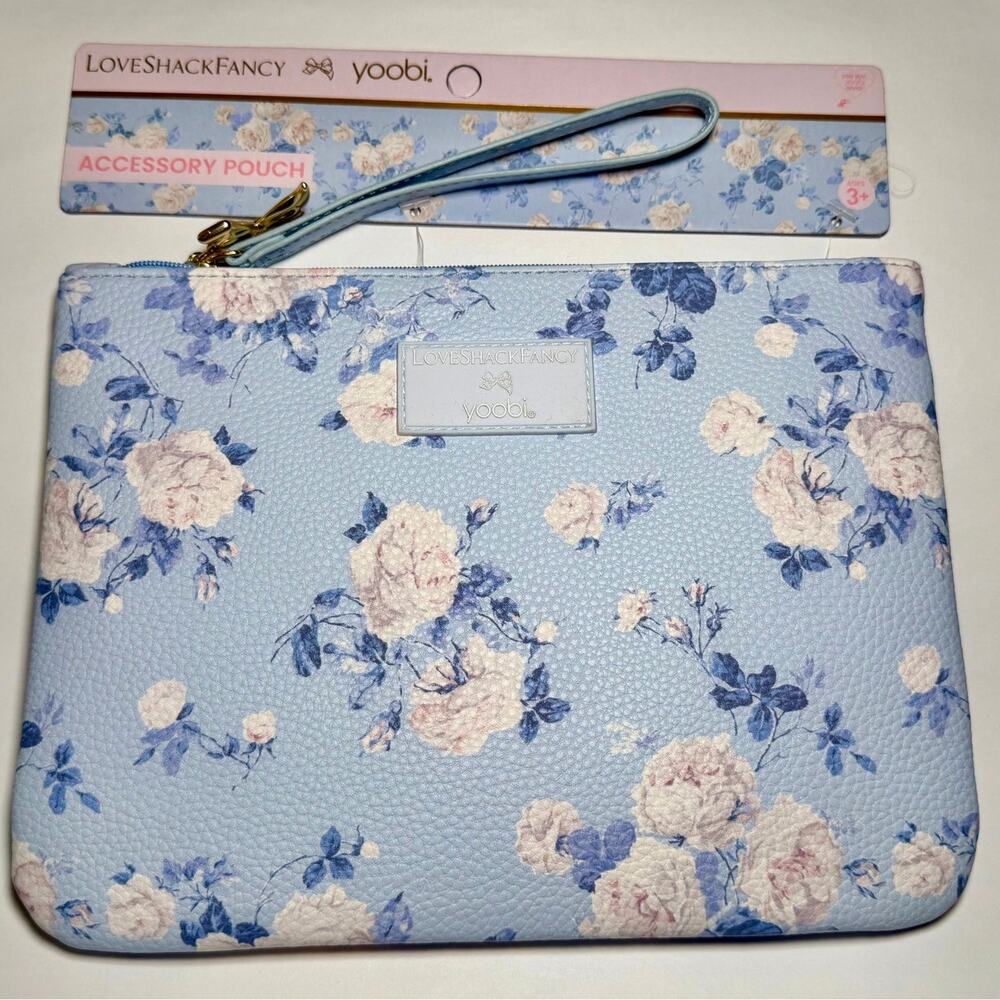 LoveShackFancy x Yoobi Blue Rose Floral Faux Leather Wristlet Pouch NWT